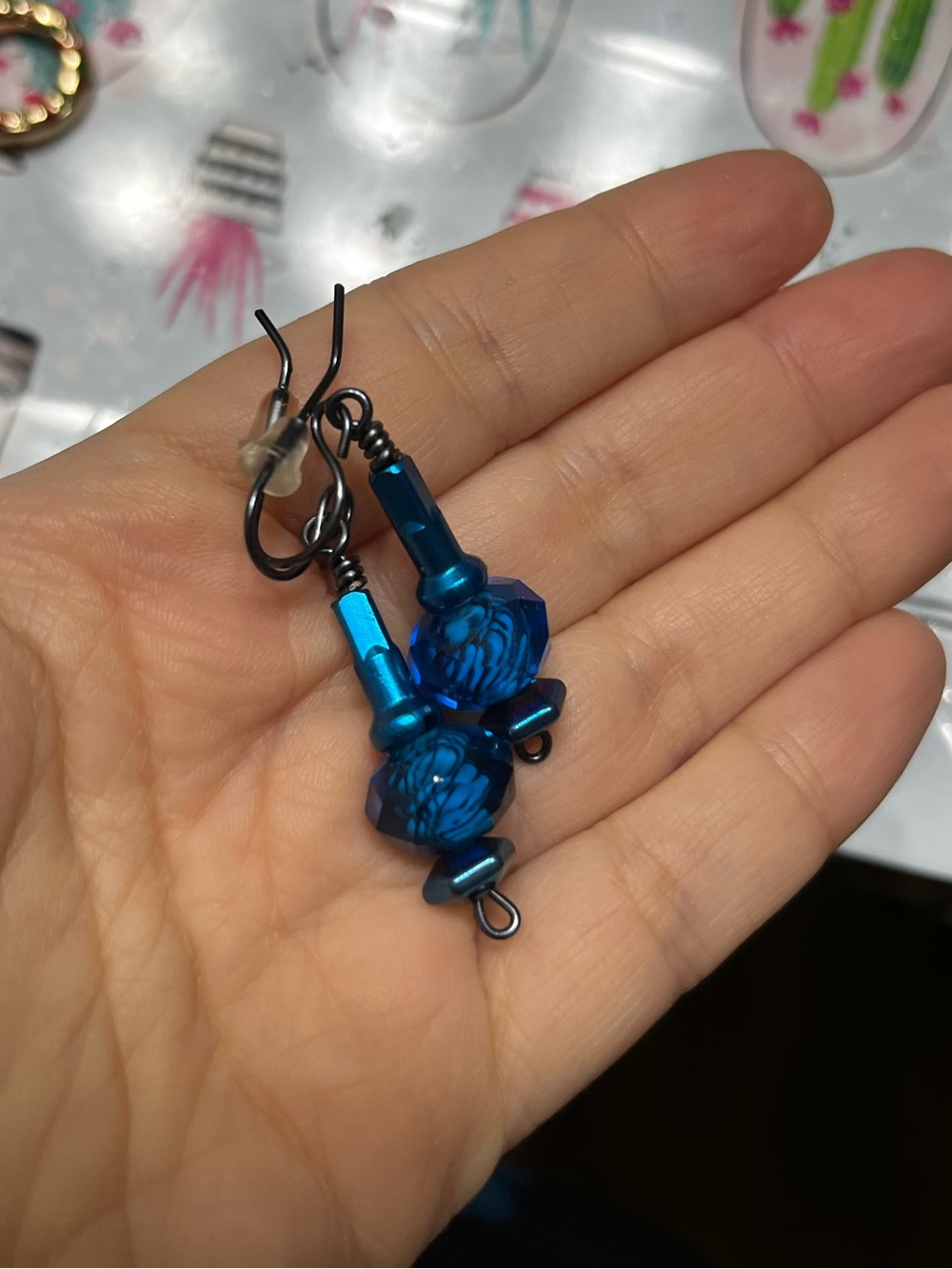 Blue Metallic Bead Drop Earrings - never worn handmade from craft fair